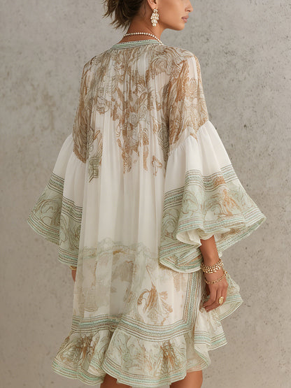 Rosalie | Mini Robe en Mousseline à Manches Volantées et Ourlet Rayé Vert