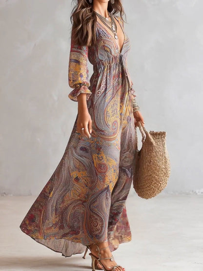 Robe Longue en Mousseline à Imprimé Paisley, Col en V et Fronces