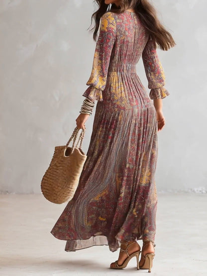 Robe Longue en Mousseline à Imprimé Paisley, Col en V et Fronces