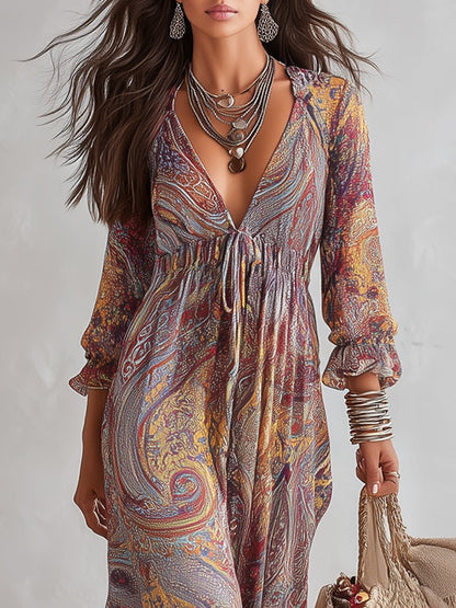 Robe Longue en Mousseline à Imprimé Paisley, Col en V et Fronces