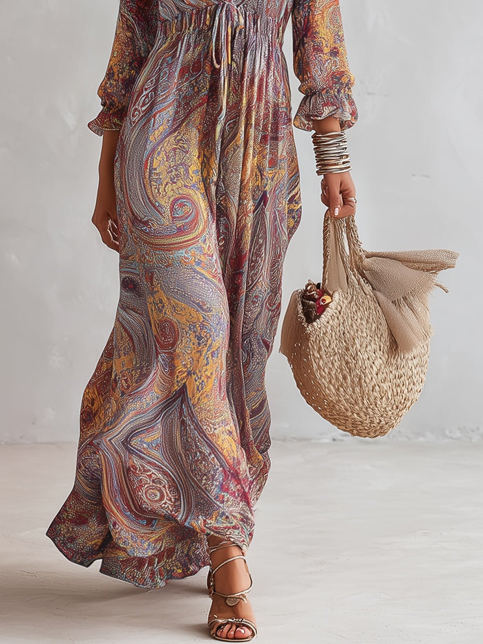 Robe Longue en Mousseline à Imprimé Paisley, Col en V et Fronces