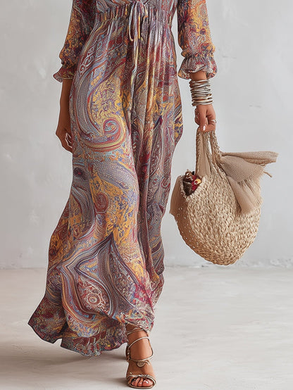Robe Longue en Mousseline à Imprimé Paisley, Col en V et Fronces