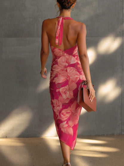 Robe Moulante Fuchsia Sans Manches à Imprimé Floral, Fronces et Fente Latérale