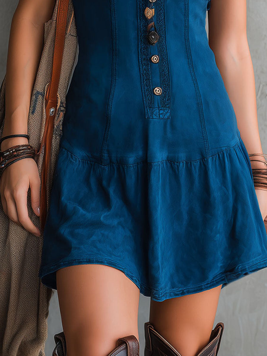 Mini Robe Bohème Indigo Col en V Boutonnée Sans Manches