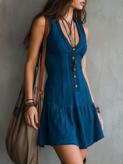 Mini Robe Bohème Indigo Col en V Boutonnée Sans Manches