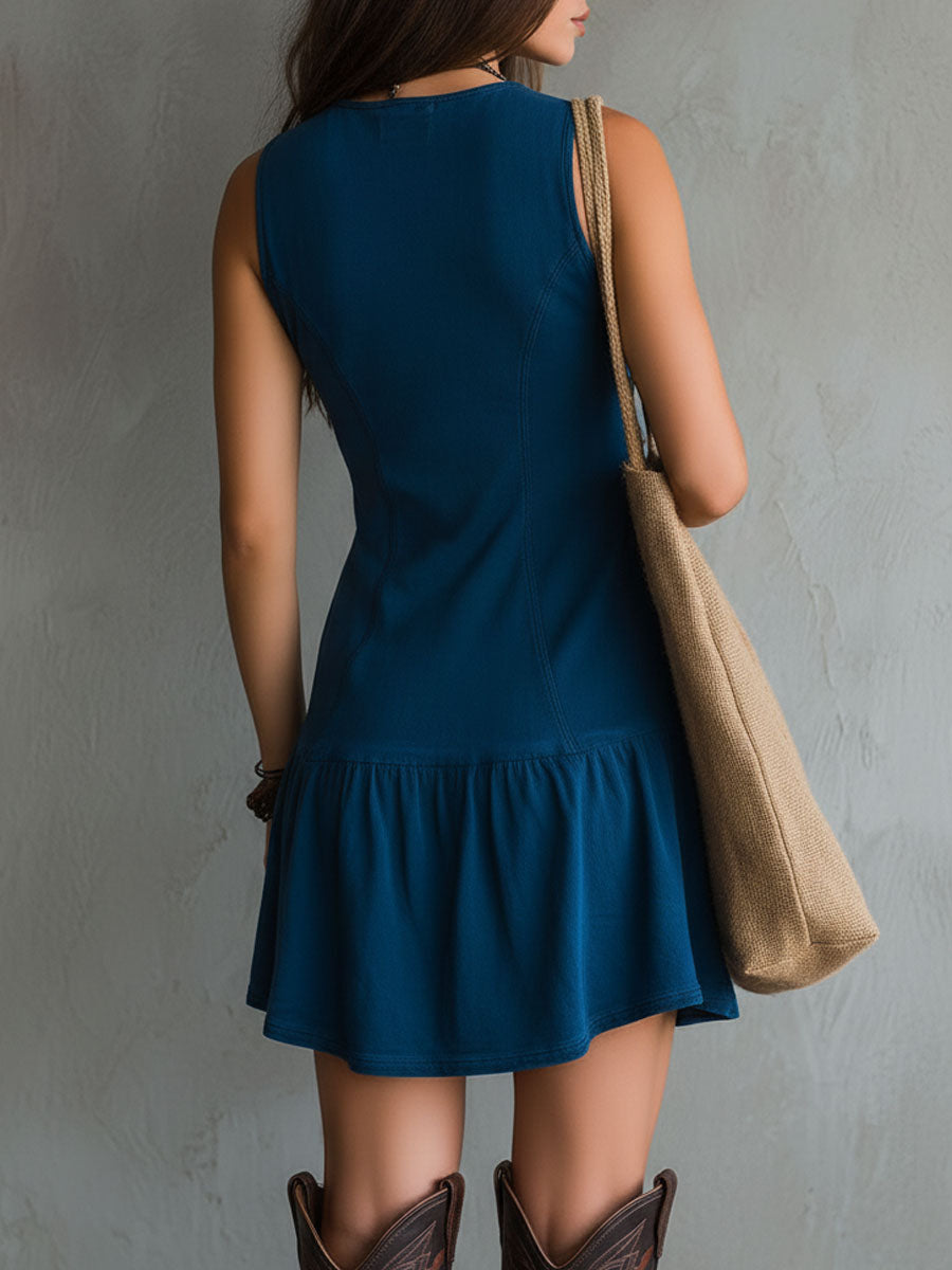 Mini Robe Bohème Indigo Col en V Boutonnée Sans Manches
