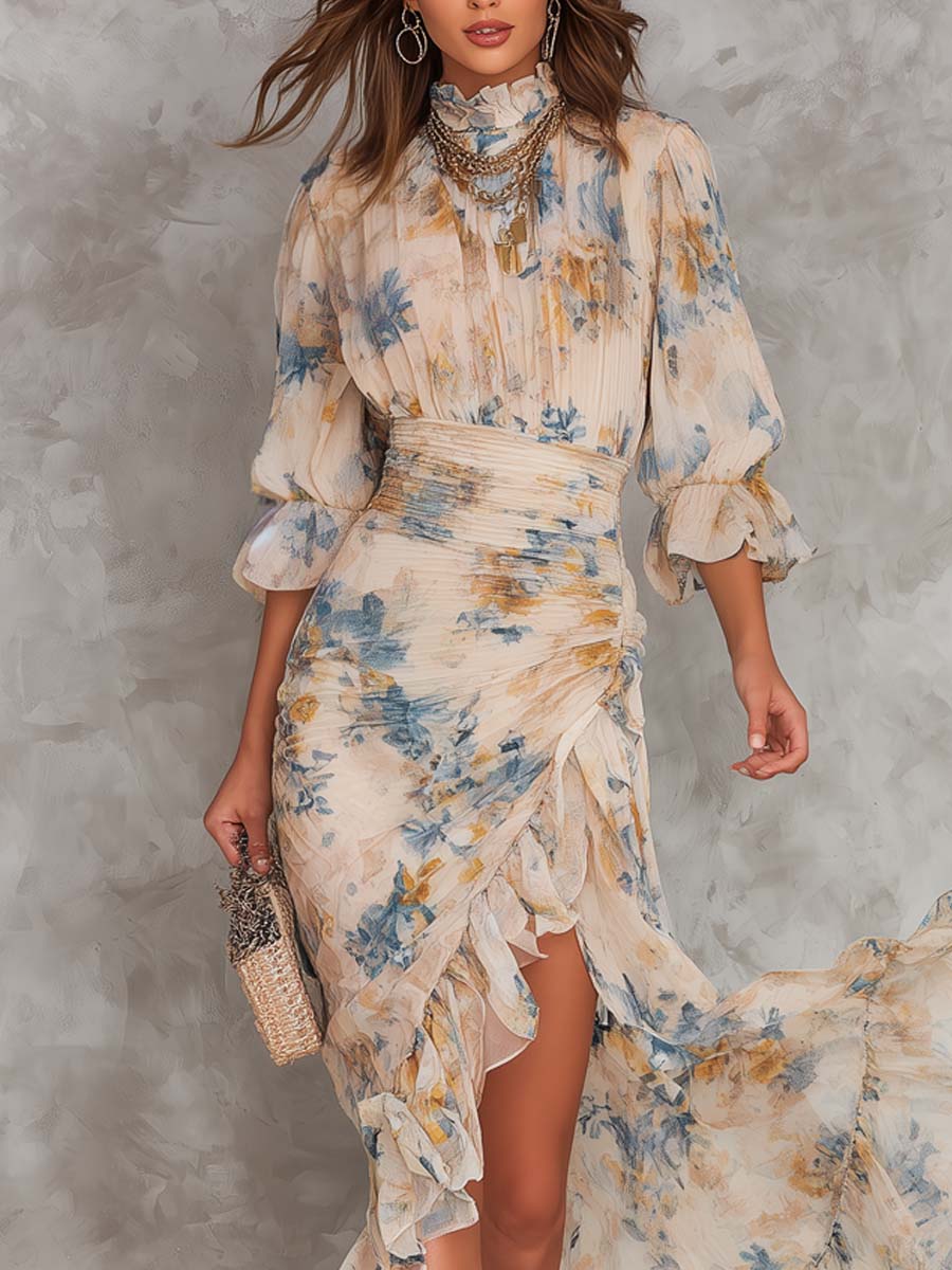 Robe Longue en Mousseline Beige à Col Montant et Imprimé Floral Peint à la Main