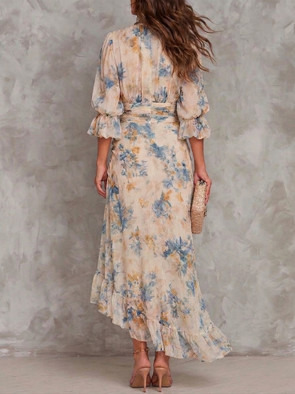 Robe Longue en Mousseline à Col Montant Imprimé Floral pour Femme