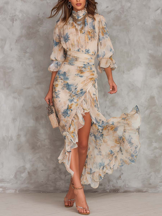 Robe Longue en Mousseline Beige à Col Montant et Imprimé Floral Peint à la Main