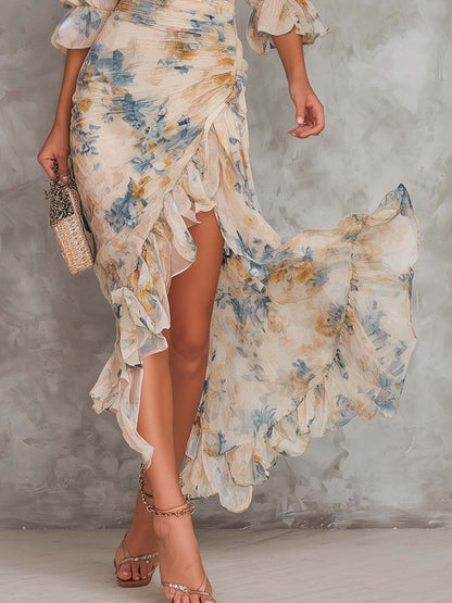 Robe Longue en Mousseline à Col Montant Imprimé Floral pour Femme