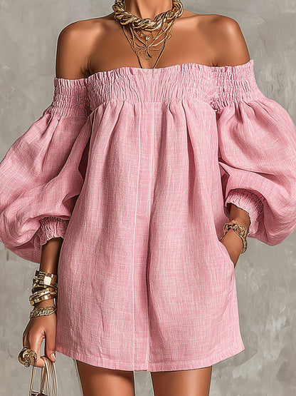 Violette | Mini Robe Trapèze Rose à Manches Lanterne et Épaules Dénudées