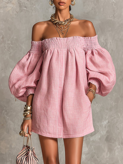 Violette | Mini Robe Trapèze Rose à Manches Lanterne et Épaules Dénudées