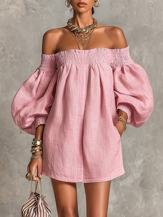 Violette | Mini Robe Trapèze Rose à Manches Lanterne et Épaules Dénudées