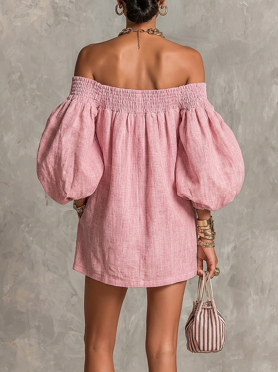 Violette | Mini Robe Trapèze Rose à Manches Lanterne et Épaules Dénudées