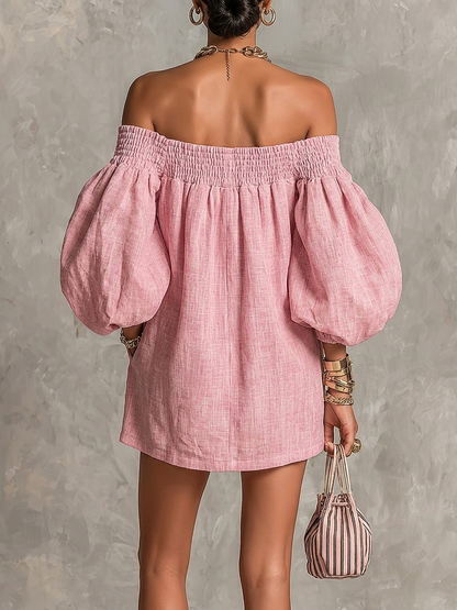 Violette | Mini Robe Trapèze Rose à Manches Lanterne et Épaules Dénudées