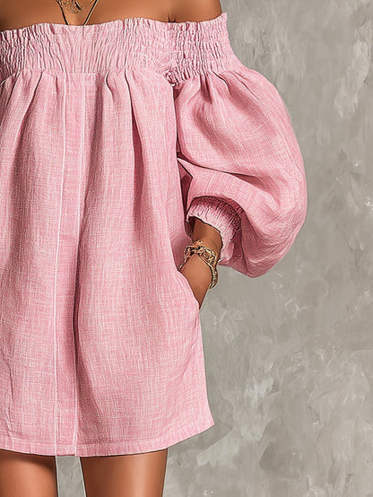 Violette | Mini Robe Trapèze Rose à Manches Lanterne et Épaules Dénudées