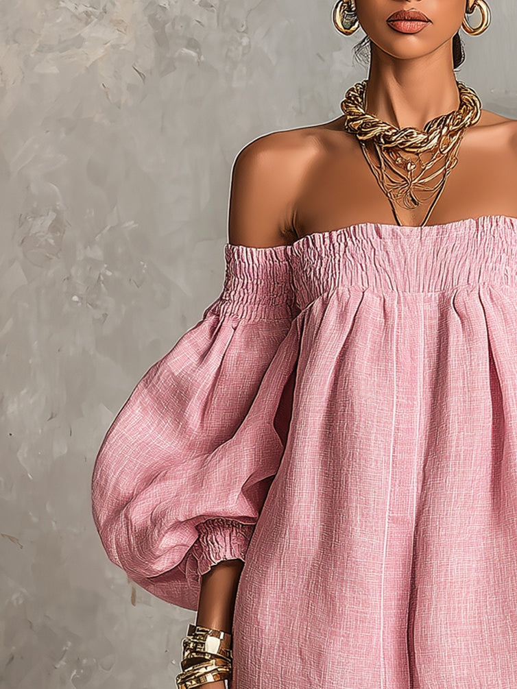Violette | Mini Robe Trapèze Rose à Manches Lanterne et Épaules Dénudées