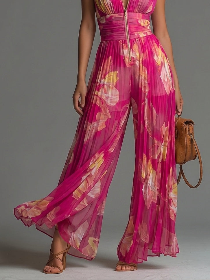 Combinaison Fuchsia en Mousseline Imprimé Floral Sans Manches à Zip et Jambe Large Plissée