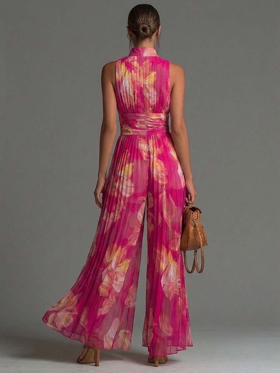 Combinaison Fuchsia en Mousseline Imprimé Floral Sans Manches à Zip et Jambe Large Plissée