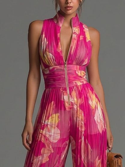 Combinaison Fuchsia en Mousseline Imprimé Floral Sans Manches à Zip et Jambe Large Plissée