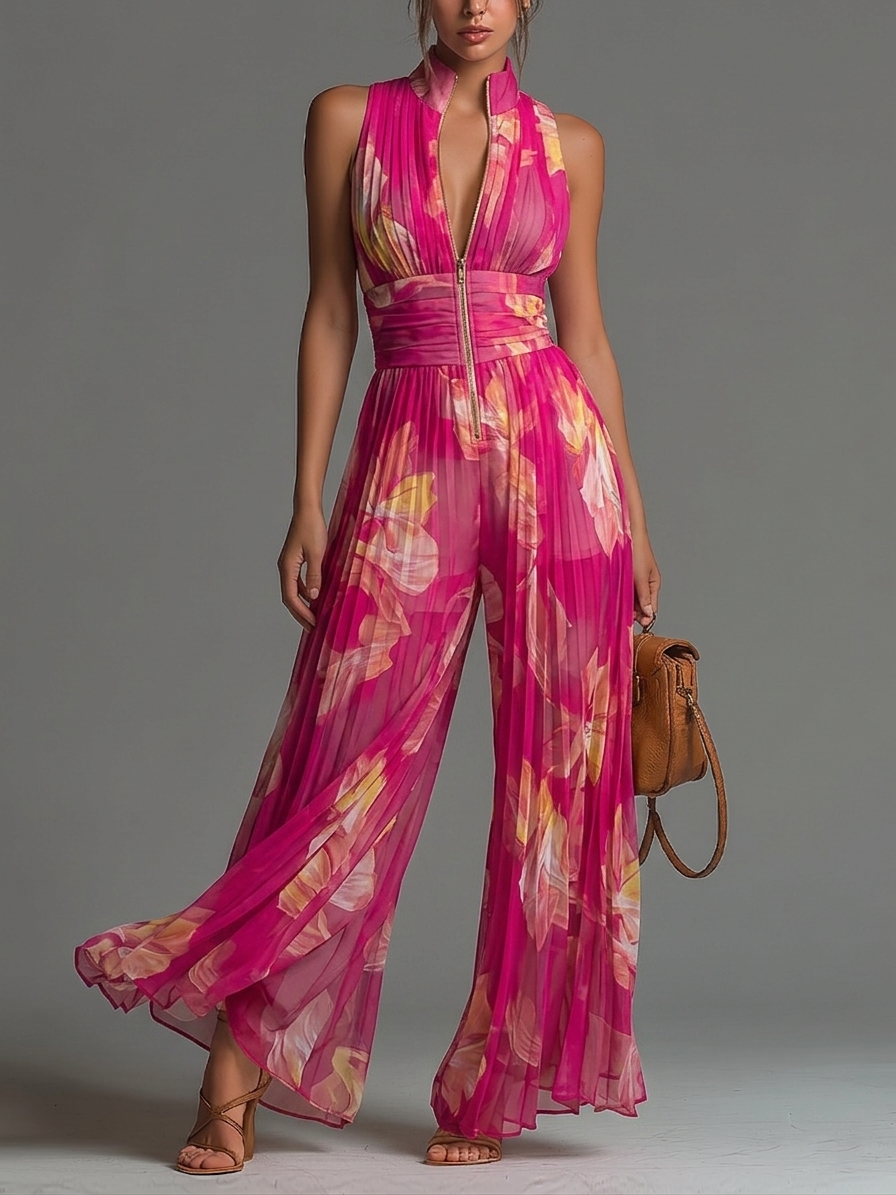 Combinaison Fuchsia en Mousseline Imprimé Floral Sans Manches à Zip et Jambe Large Plissée