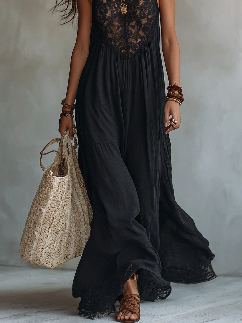 Robe Longue Bohème Noire Sans Manches à Bordure en Dentelle