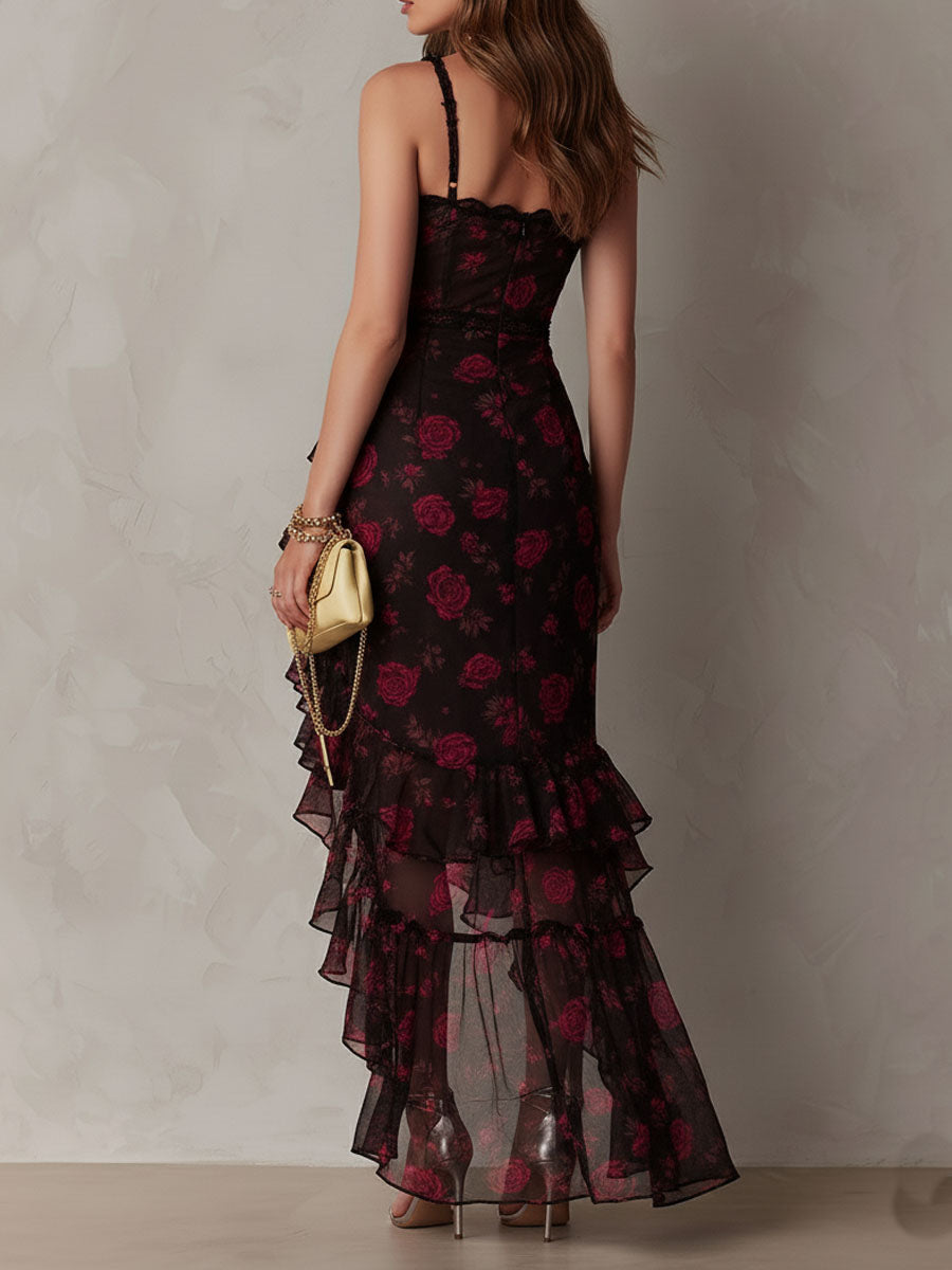 Élégante Robe Fleurie Noir et Rouge à Ourlet Volanté Froncé