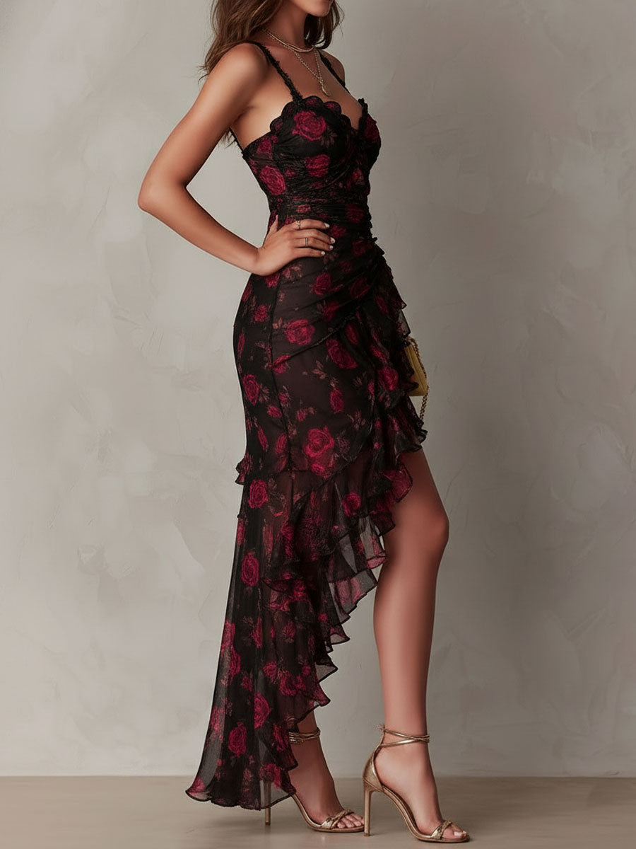 Élégante Robe Fleurie Noir et Rouge à Ourlet Volanté Froncé