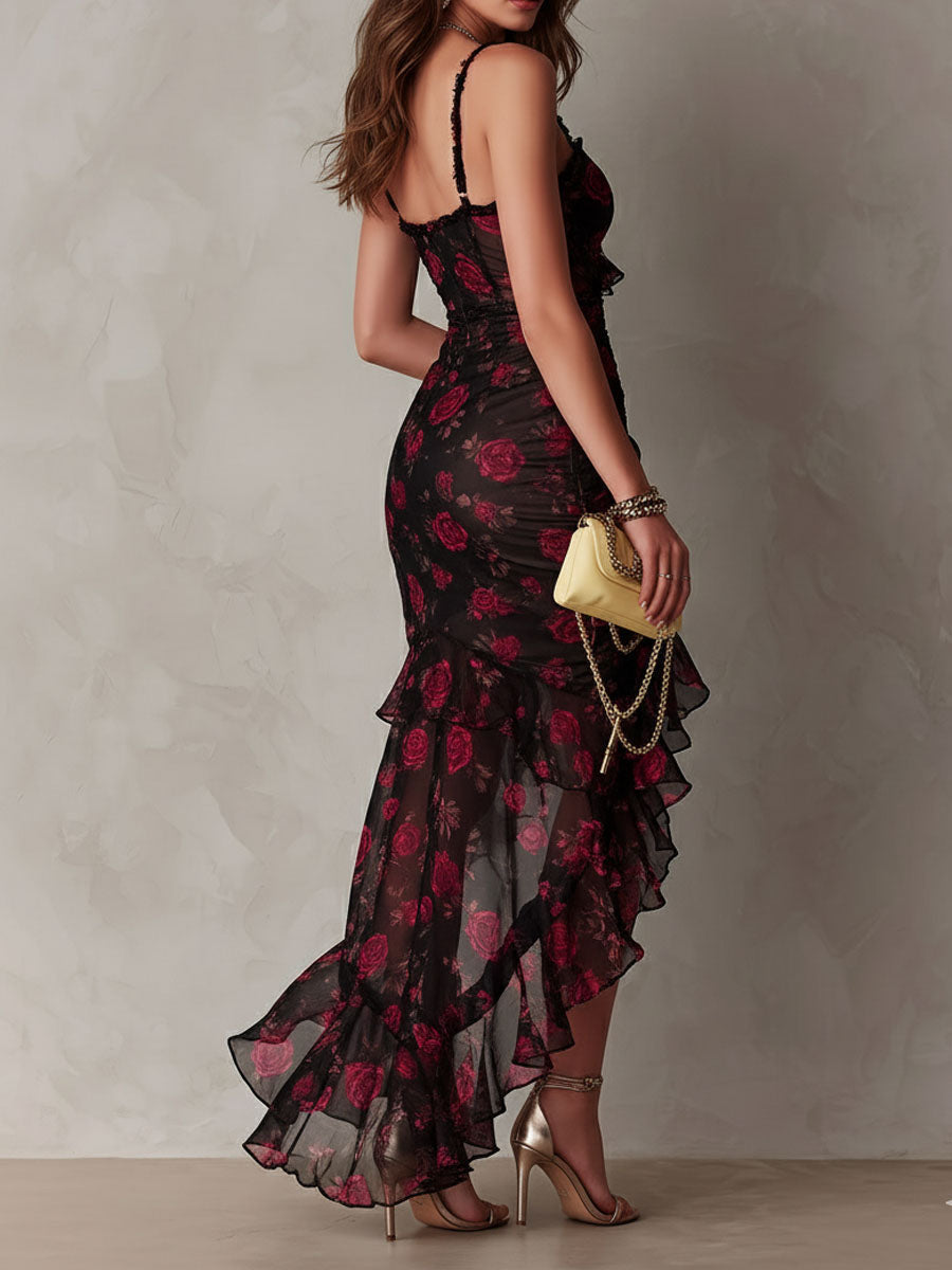 Élégante Robe Fleurie Noir et Rouge à Ourlet Volanté Froncé