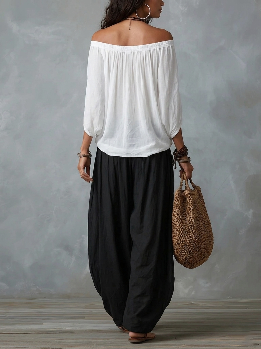 Ensemble Blanc avec Top Épaules Dénudées et Pantalon Lanterne Ample