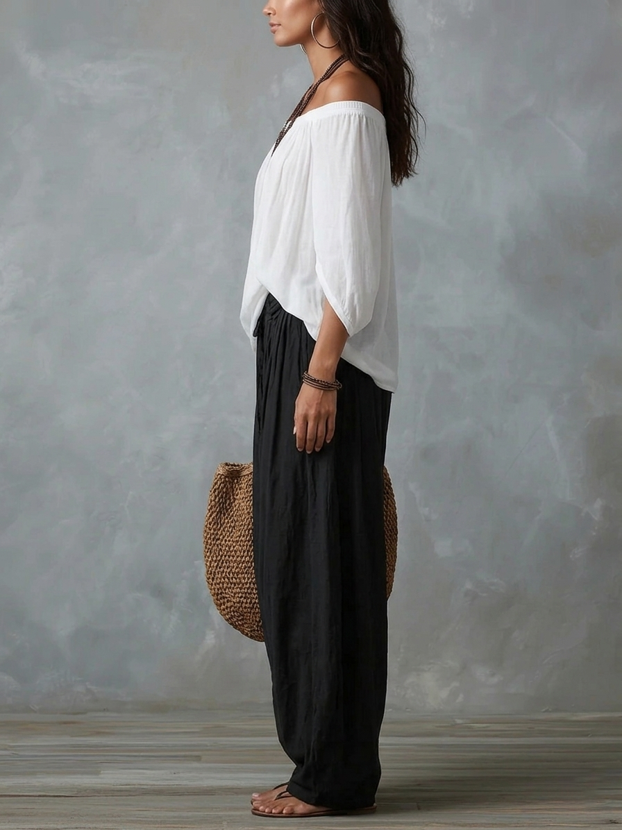 Ensemble Blanc avec Top Épaules Dénudées et Pantalon Lanterne Ample