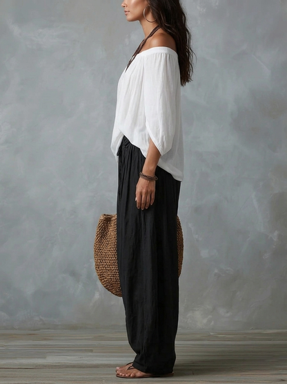 Ensemble Blanc avec Top Épaules Dénudées et Pantalon Lanterne Ample