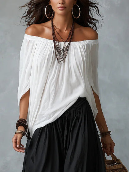 Ensemble Blanc avec Top Épaules Dénudées et Pantalon Lanterne Ample