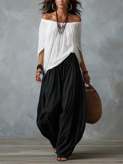 Ensemble Blanc avec Top Épaules Dénudées et Pantalon Lanterne Ample