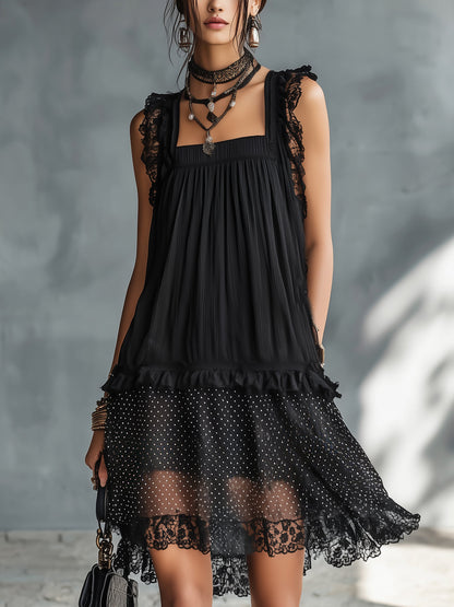 Pauline | Mini Robe Transparente à Pois avec Volant et Bordure en Dentelle Noire
