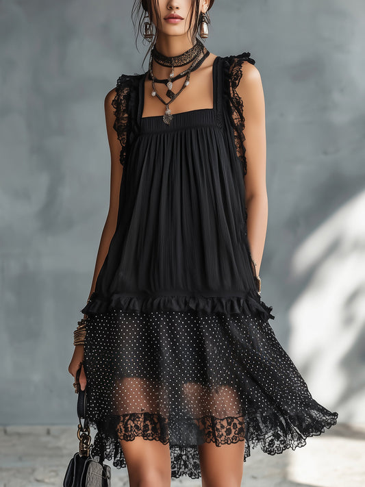 Pauline | Mini Robe Transparente à Pois avec Volant et Bordure en Dentelle Noire