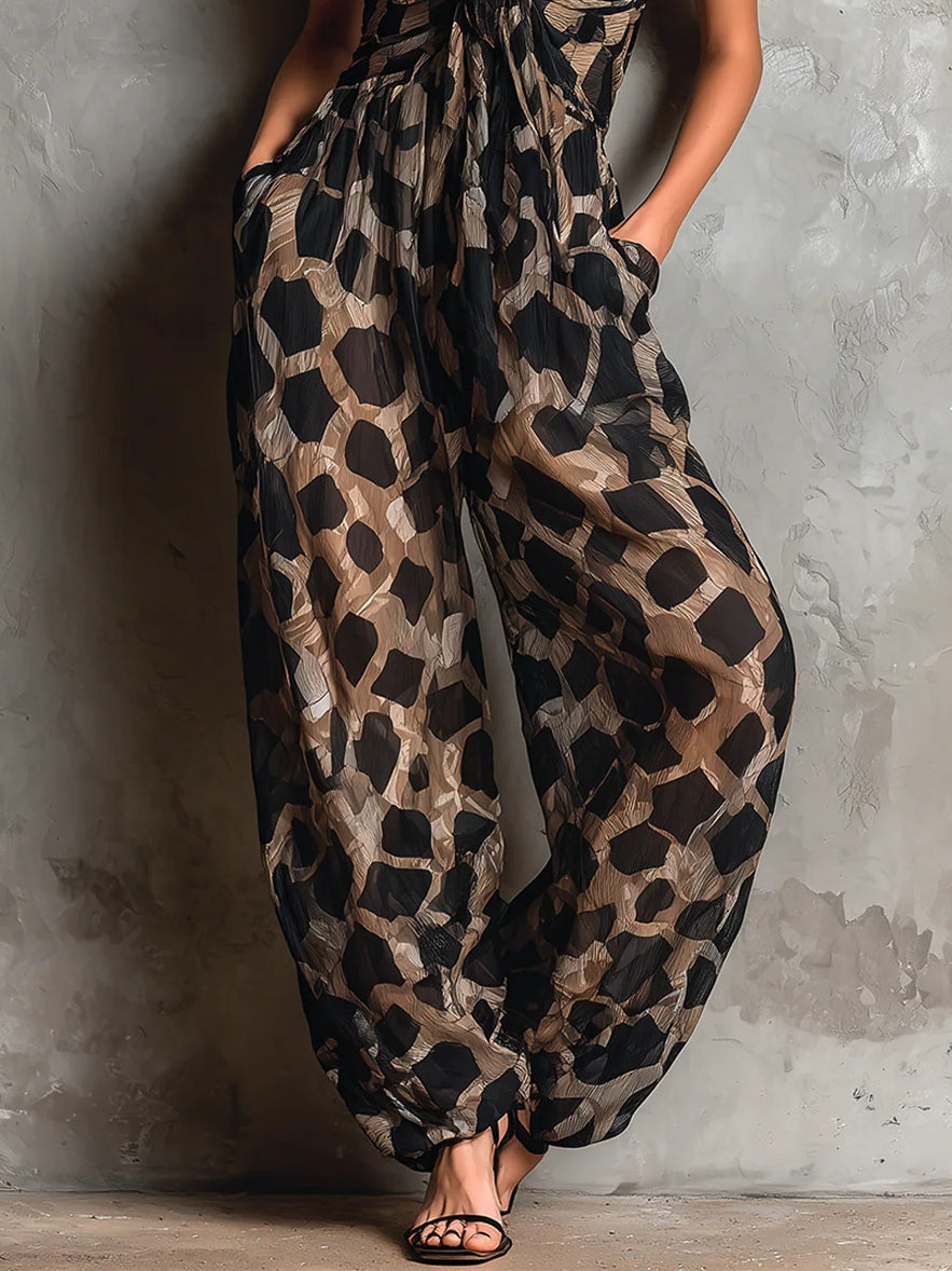 Roberta · Combinaison Ample en Mousseline Noire Imprimé Animal à Col Américain et Pantalon Palazzo