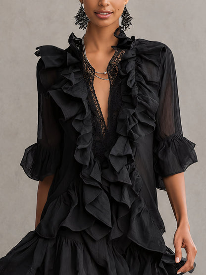 Anaïs | Mini Robe en Mousseline Noire à Volants
