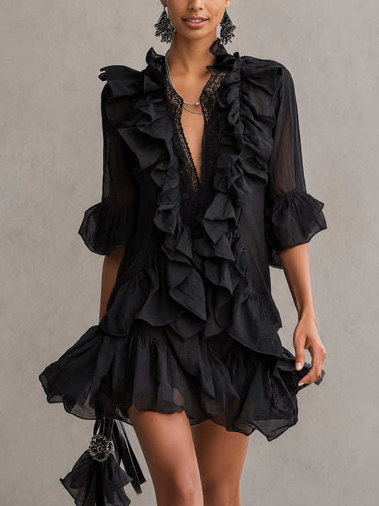 Anaïs | Mini Robe en Mousseline Noire à Volants