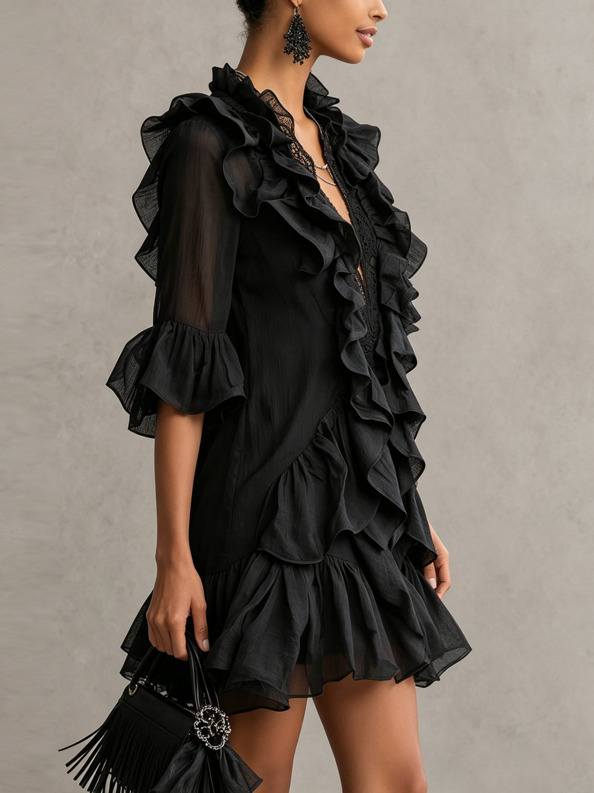 Anaïs | Mini Robe en Mousseline Noire à Volants