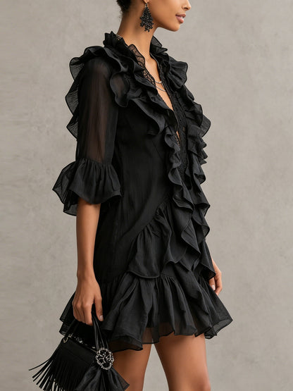 Anaïs | Mini Robe en Mousseline Noire à Volants
