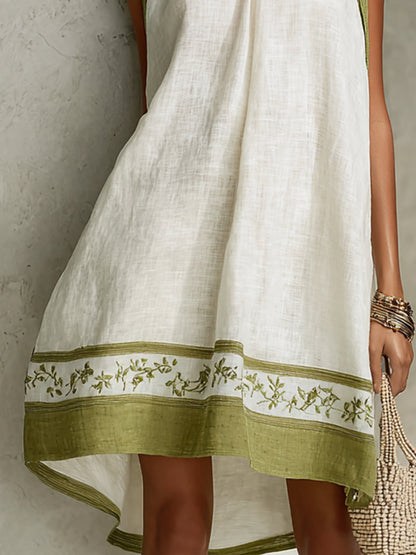 Agathe | Mini Robe Trapèze Sans Manches Blanc et Vert Olive à Fleurs