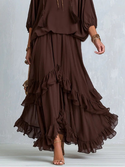 Manuela | Ensemble Top à Franges et Jupe à Volants Marron