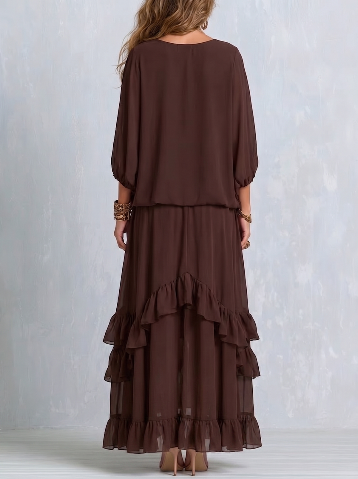 Manuela | Ensemble Top à Franges et Jupe à Volants Marron