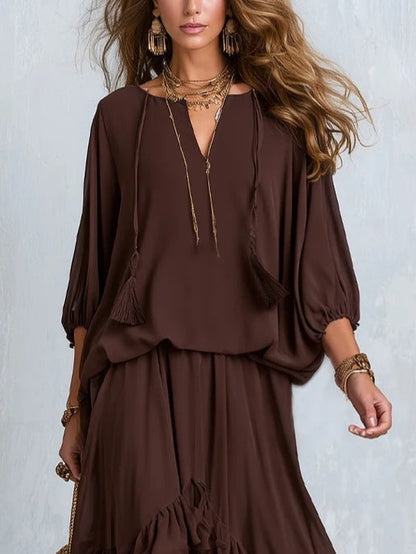 Manuela | Ensemble Top à Franges et Jupe à Volants Marron