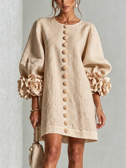 Mini Robe Boutonnée Fleurie à Poignets Rosettes Spectaculaires
