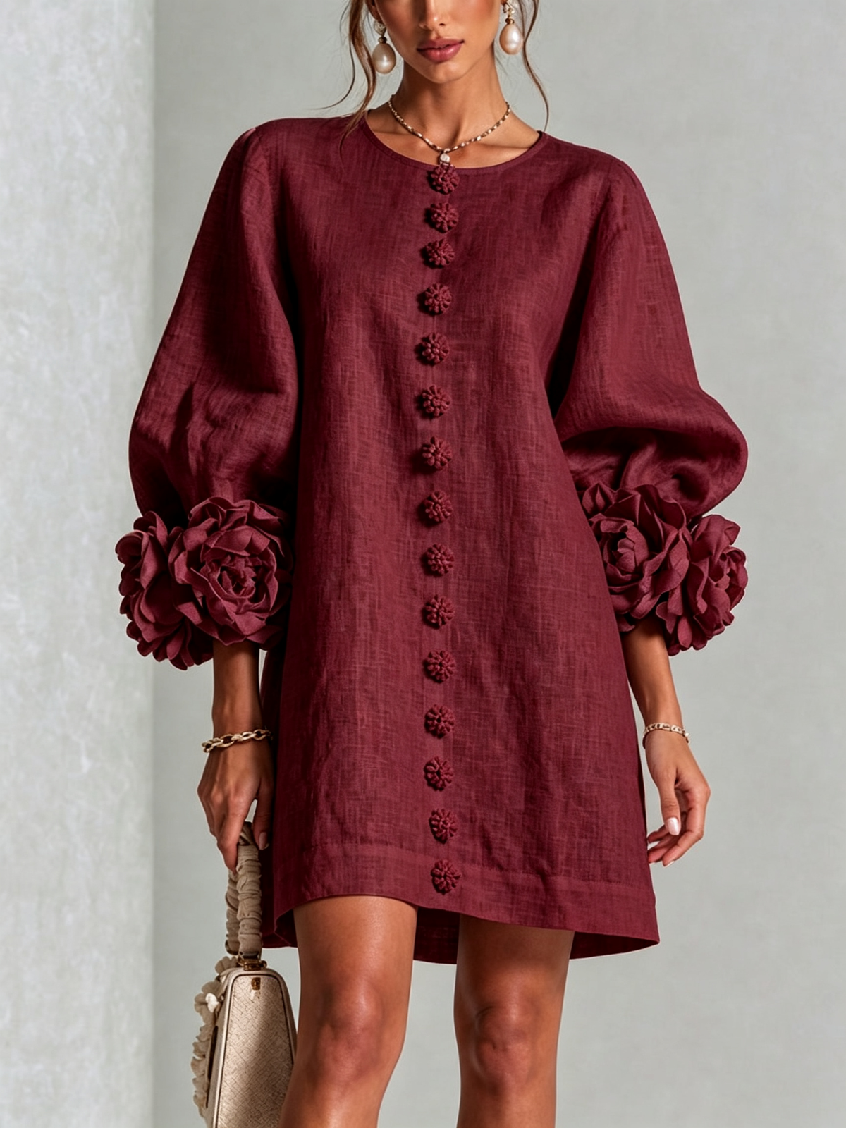 Mini Robe Boutonnée Fleurie à Poignets Rosettes Spectaculaires