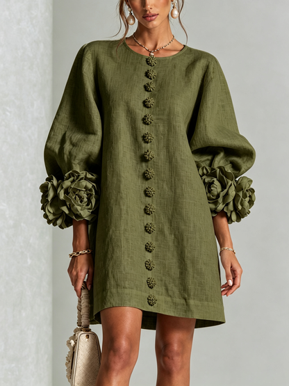 Mini Robe Boutonnée Fleurie à Poignets Rosettes Spectaculaires