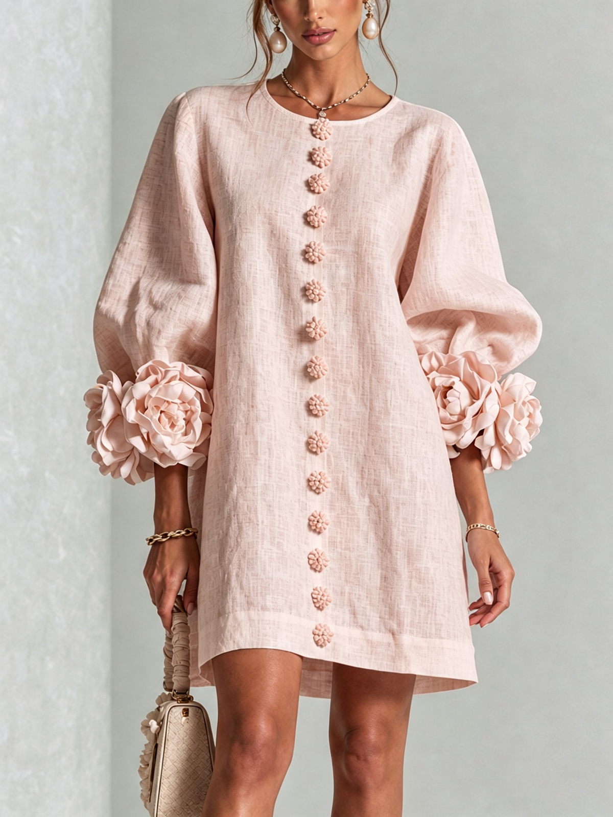 Mini Robe Boutonnée Fleurie à Poignets Rosettes Spectaculaires