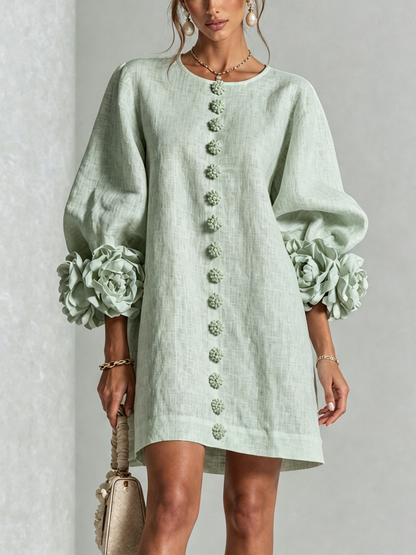Mini Robe Boutonnée Fleurie à Poignets Rosettes Spectaculaires